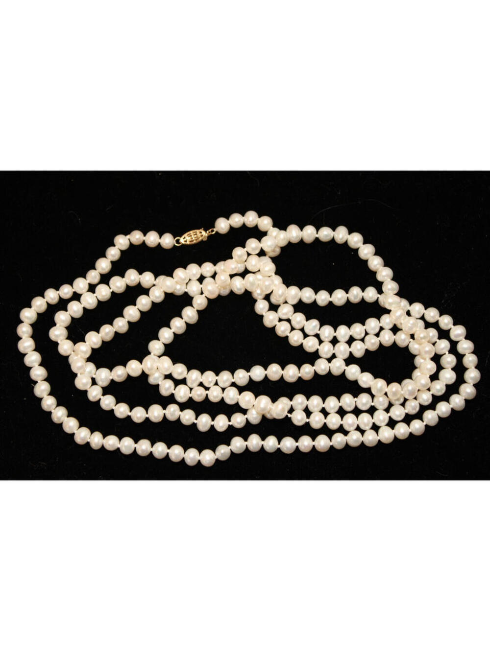 Vintage Single Strand Pearl Necklace 54" Long w. 14k Gold Clasp